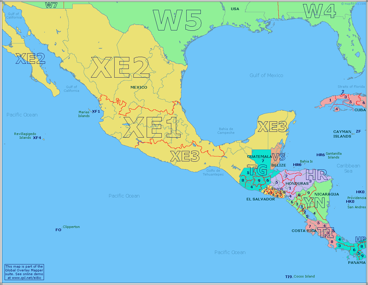 Mapa de Prefijos de México y Centro America.